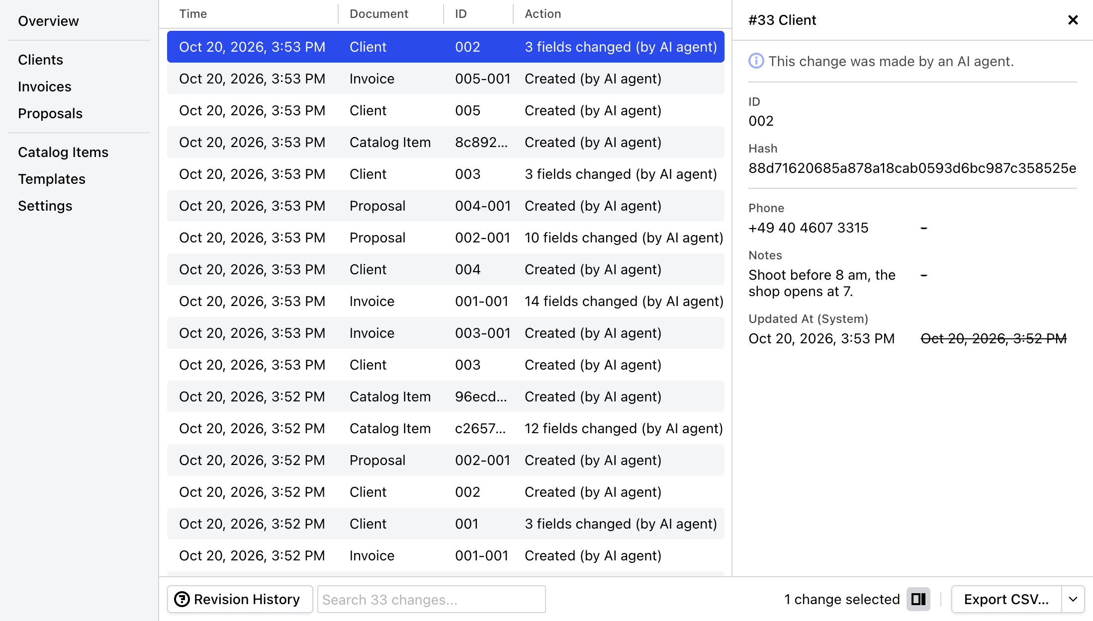 Revision History in Cakedesk with changes marked “by AI agent” and the details of a client change open, noting “This change was made by an AI agent.”