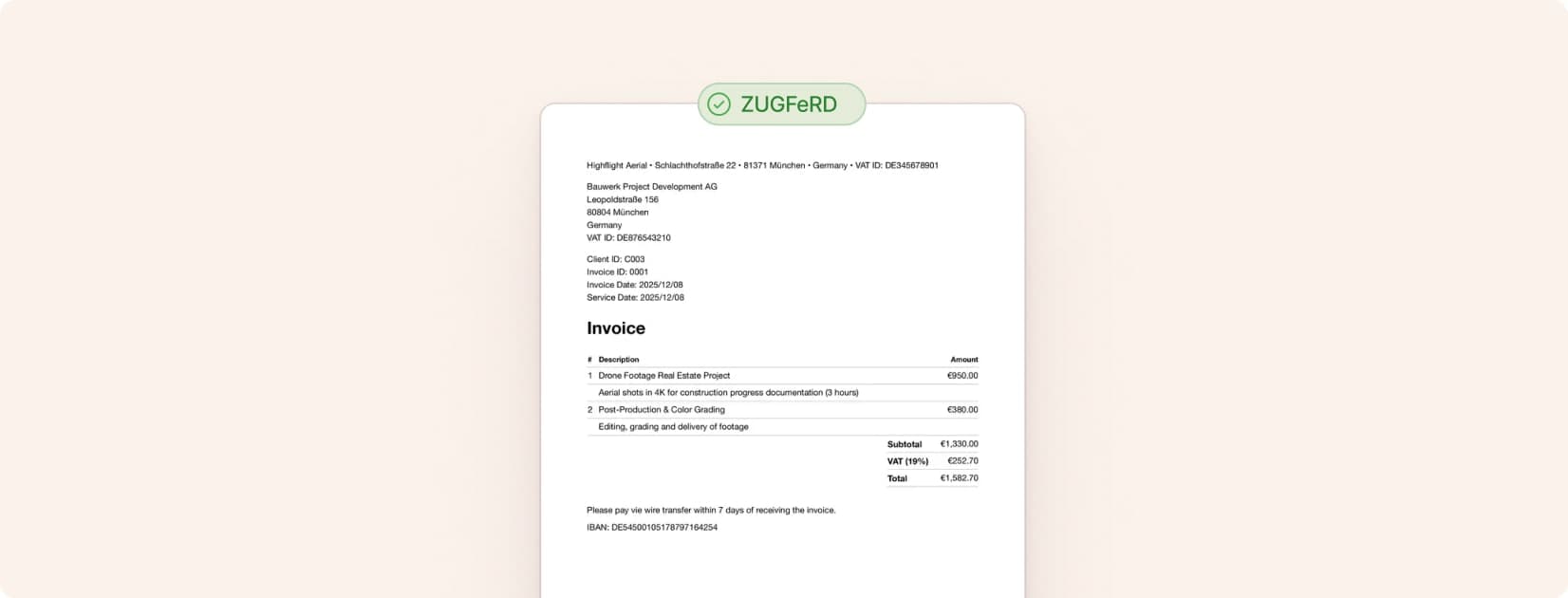 Create ZUGFeRD invoices for free with Cakedesk.