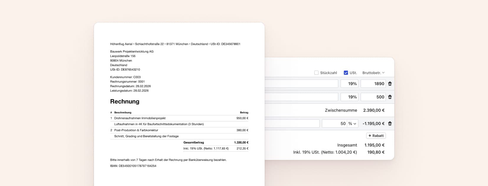Eine Brutto-Rechnung in Cakedesk mit Gesamtbetrag und enthaltener Steueraufschlüsselung