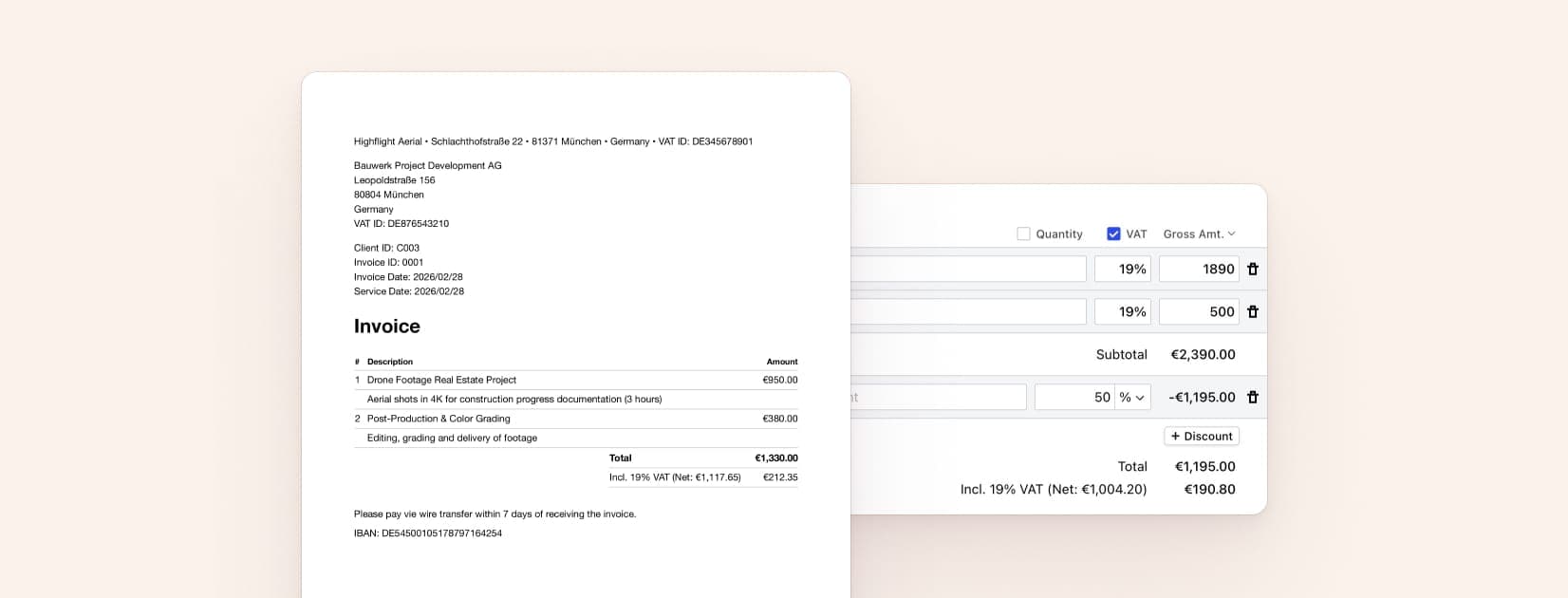 A gross pricing invoice in Cakedesk showing the total and included tax breakdown