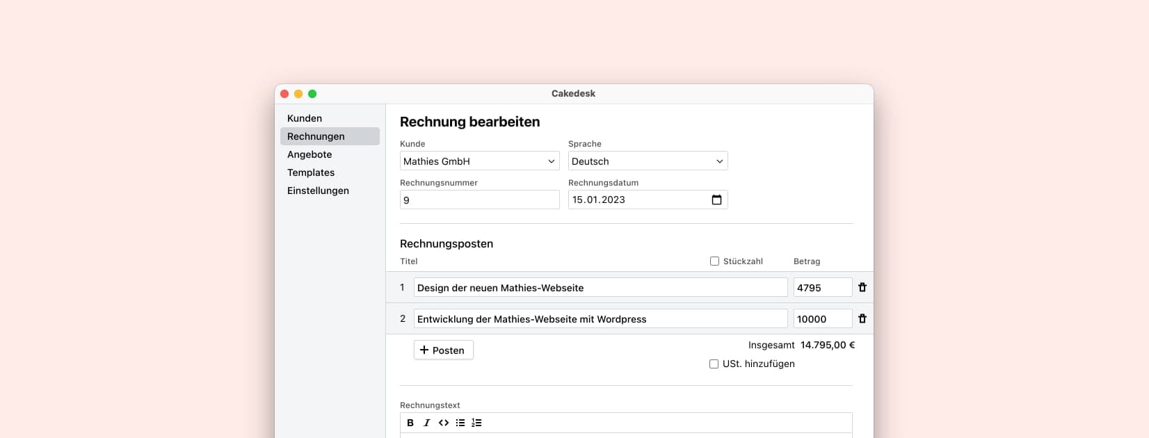 Ein Screenshot von Cakedesk, einem Rechnungsprogramm für Kleinunternehmer.