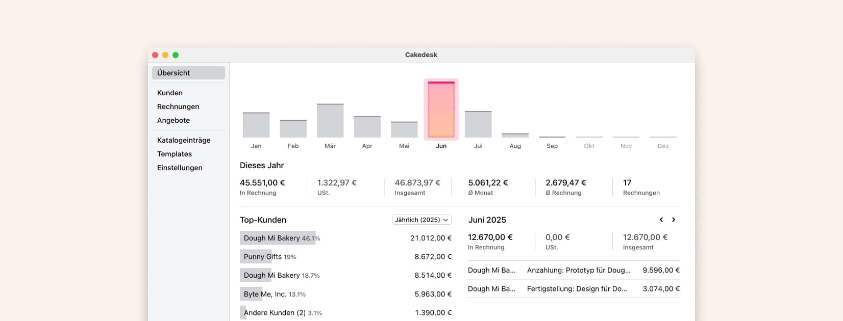 Screenshot von Cakedesk, einem Rechnungsprogramm für Dienstleister