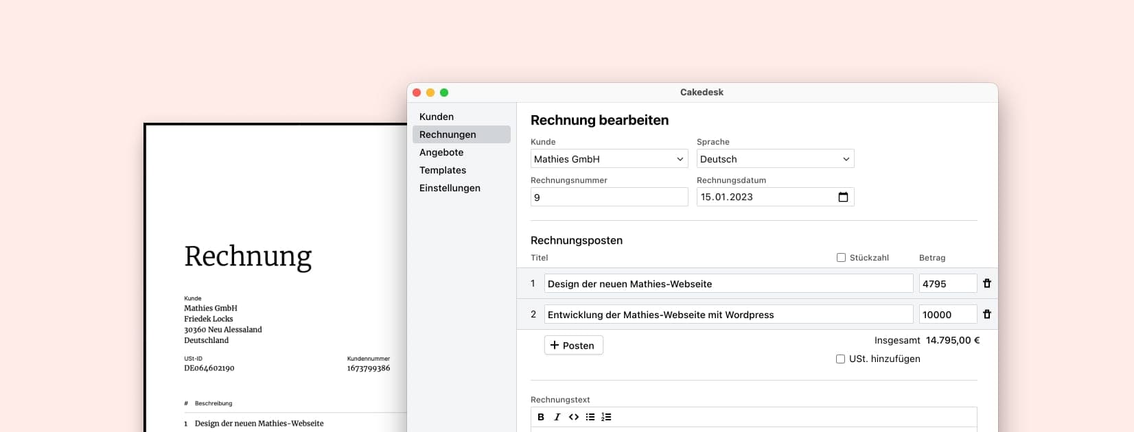 Ein screenshot vom Rechnungsprogramm Cakedesk mit einer professionellen Rechnung im PDF-Format