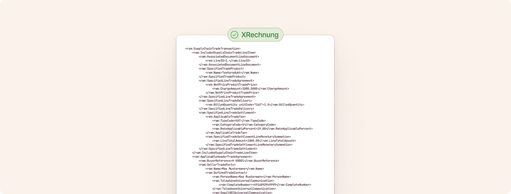 XML code example for an XRechnung invoice.