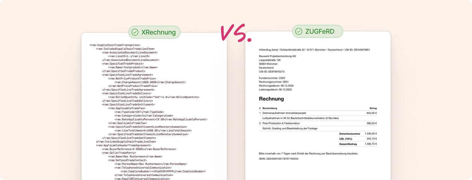 Vergleich zwischen XRechnung als XML-Code und ZUGFeRD als formatierte Rechnung.