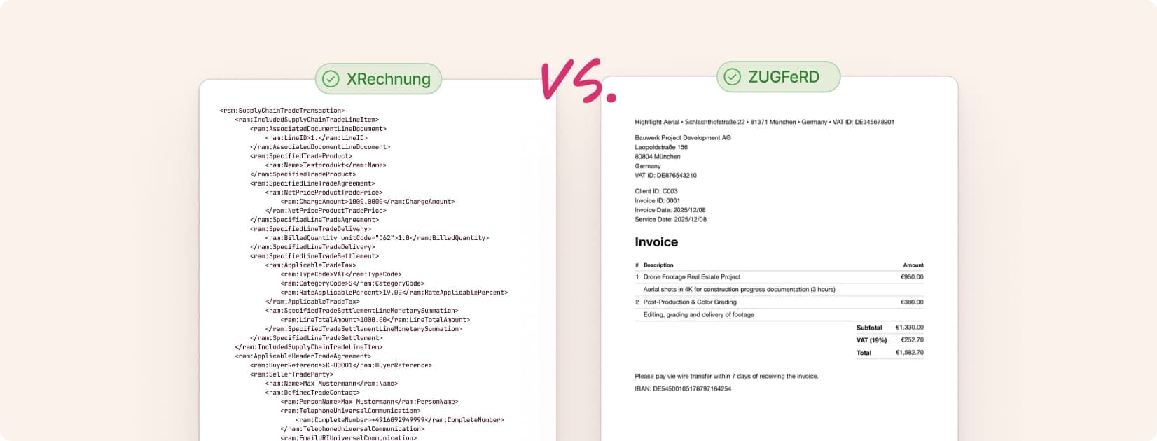 Comparison between XRechnung as XML code and ZUGFeRD as a formatted invoice.