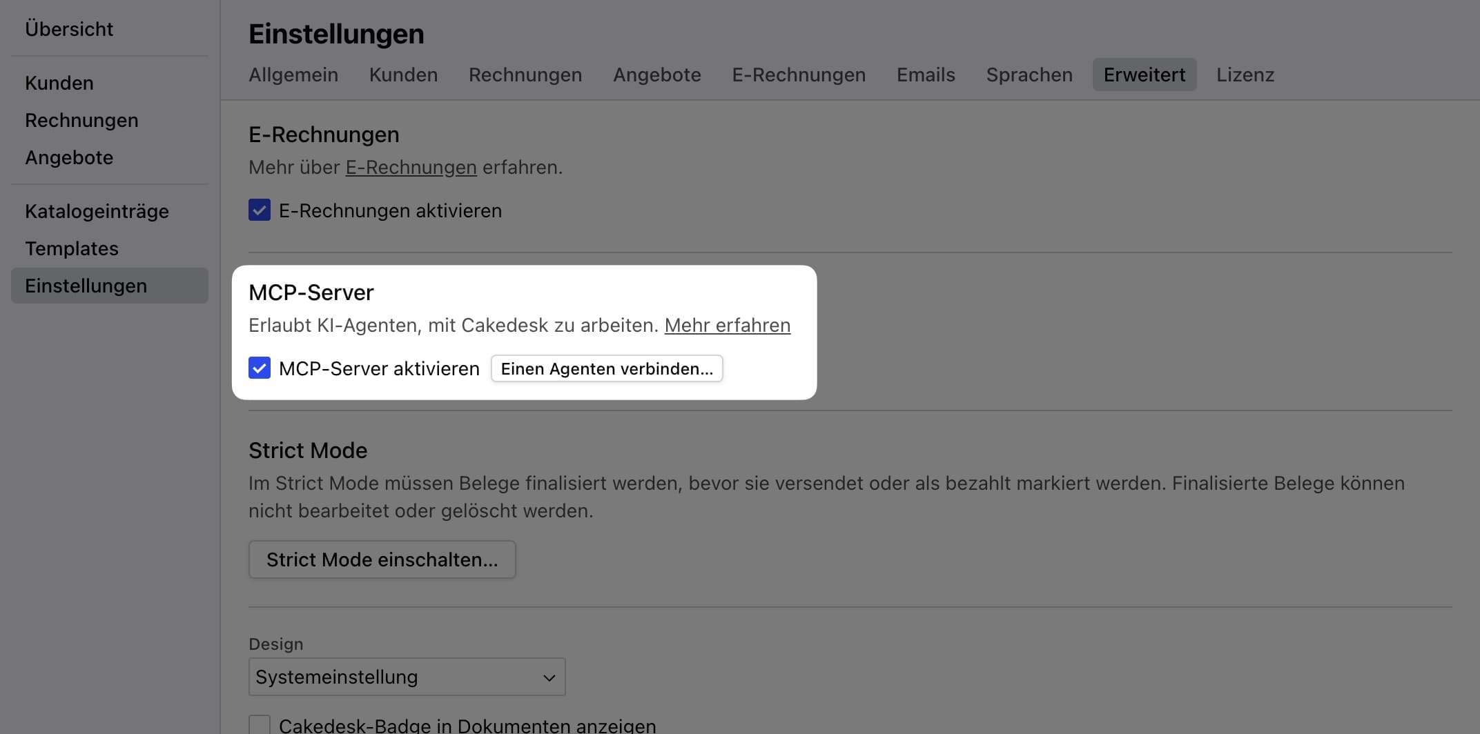 Erweiterte Einstellungen mit dem Bereich MCP-Server, der aktivierten Option „MCP-Server aktivieren“ und dem Button „Einen Agenten verbinden…“.