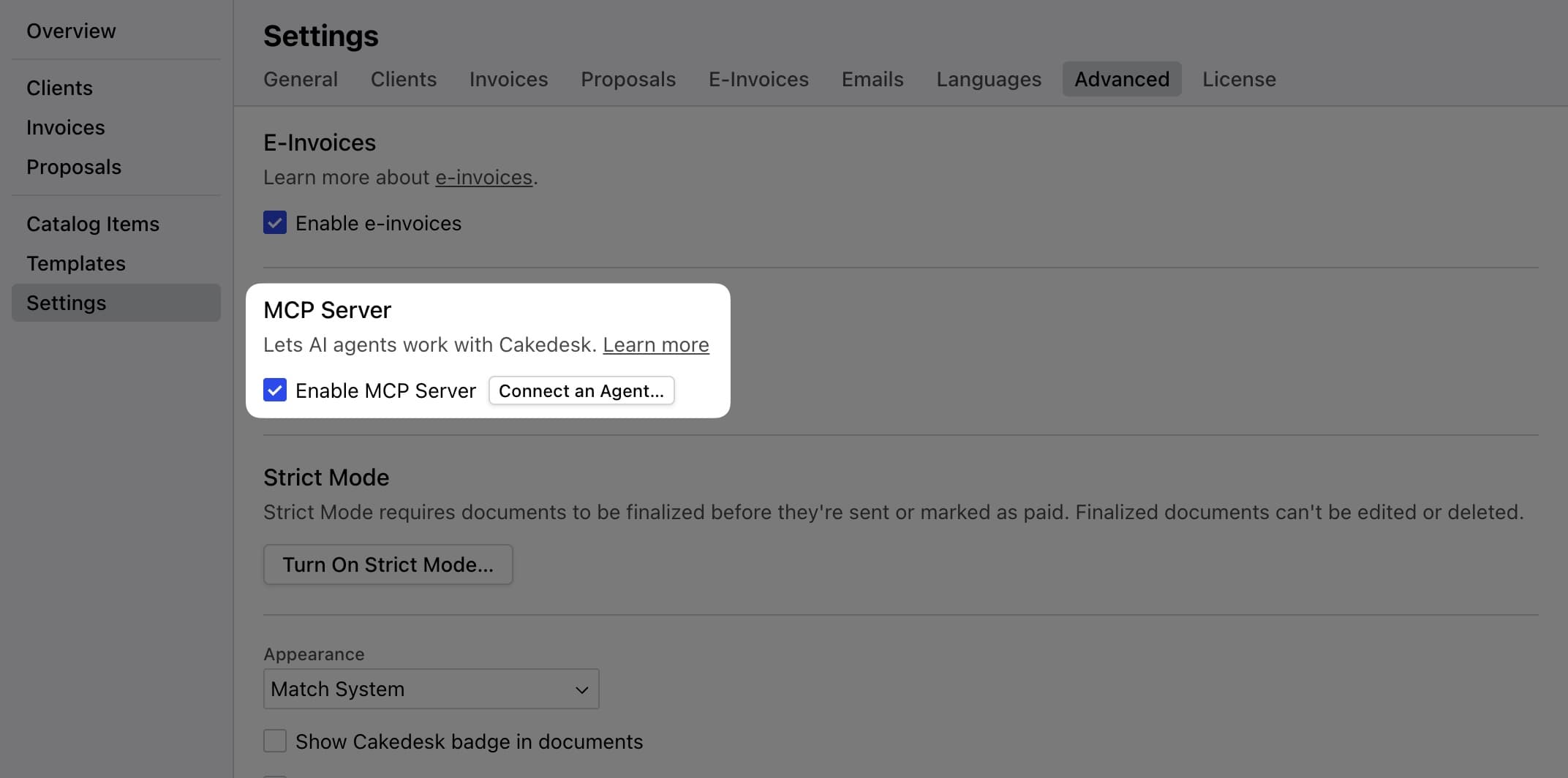Advanced settings with the MCP Server section, Enable MCP Server checked and the Connect an Agent button.