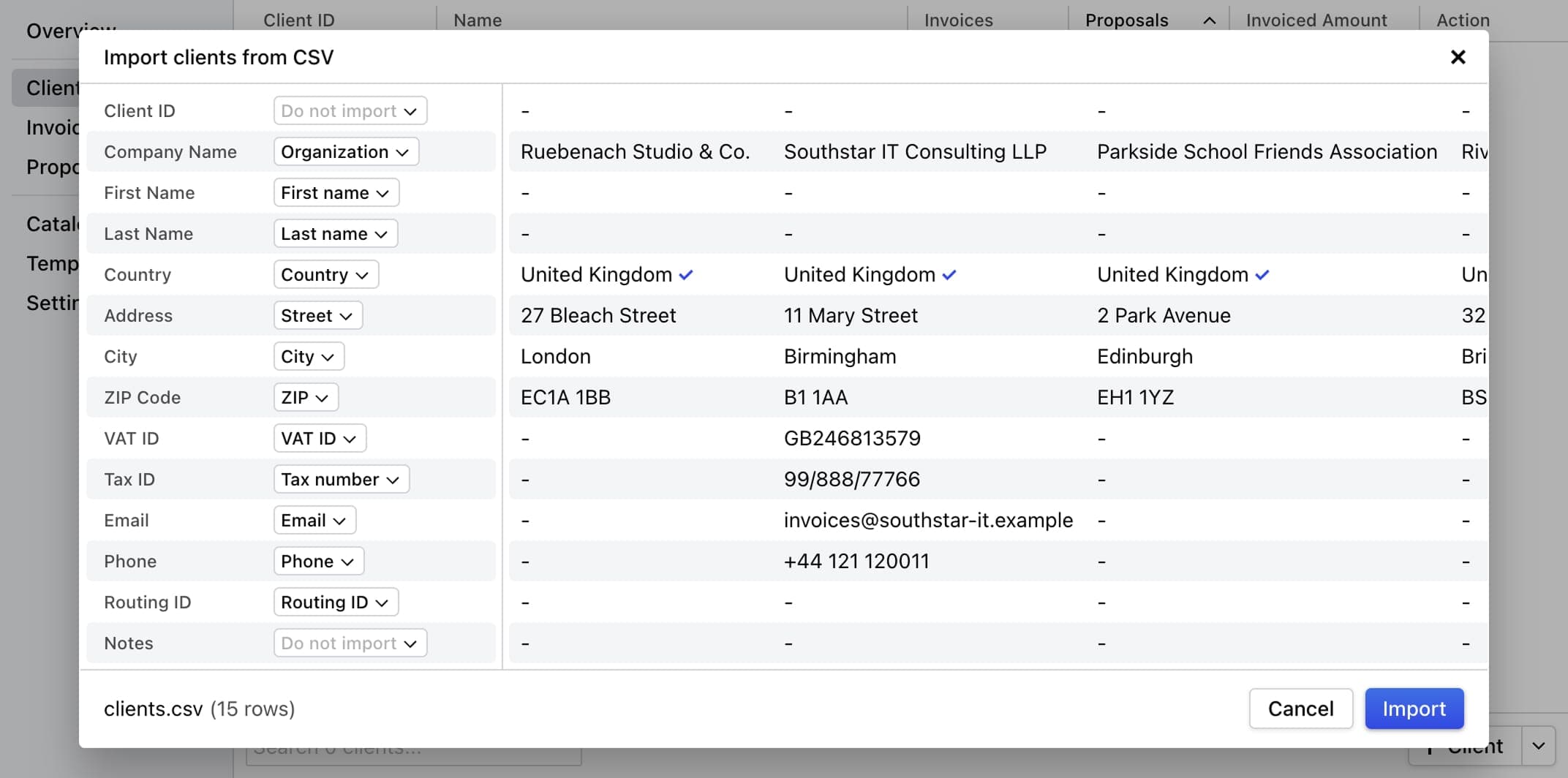 Import clients from CSV dialog with mapped client fields, preview rows, and the Import button.