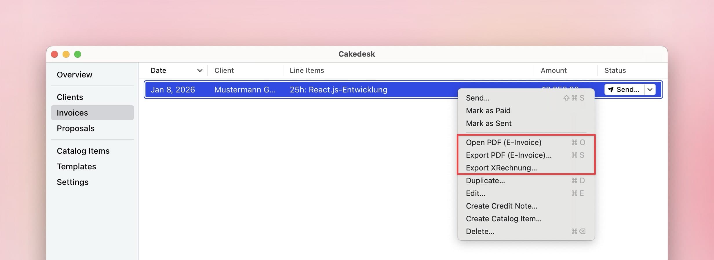 Cakedesk invoice list with the context menu open for exporting a ZUGFeRD invoice or XRechnung.