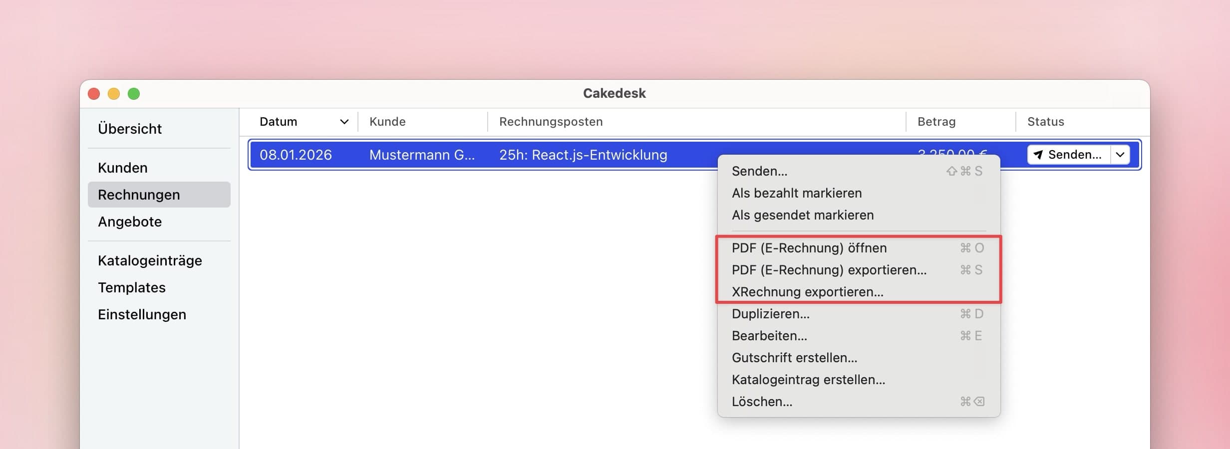 Rechnungsliste in Cakedesk mit geöffnetem Kontextmenü zum Exportieren einer ZUGFeRD- oder XRechnung.