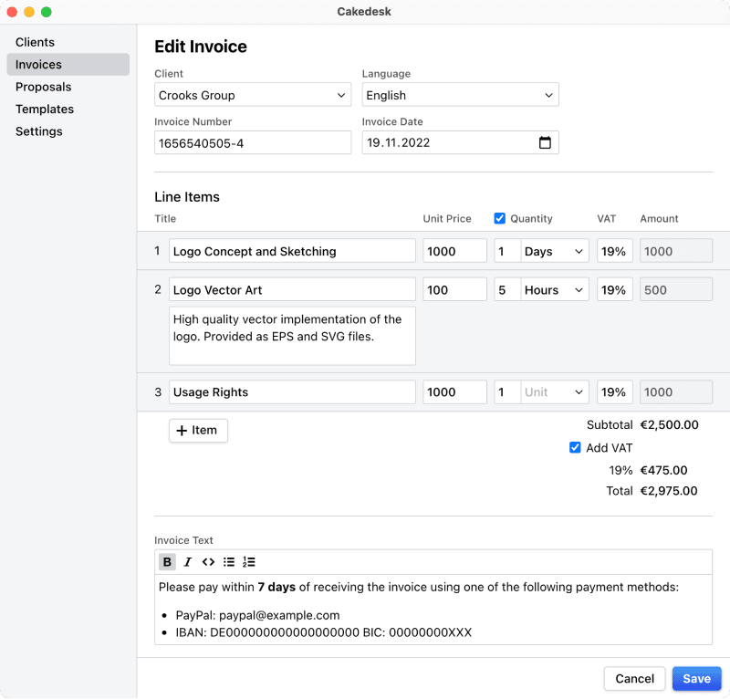 A screenshot of a form to create an invoice in Cakedesk