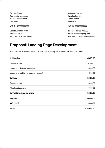 A proposal created by Cakedesk