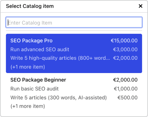 A screenshot of Cakedesk's catalog items