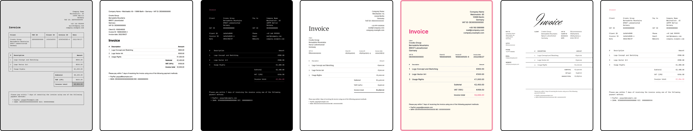 Showcase of different invoice templates available in Cakedesk