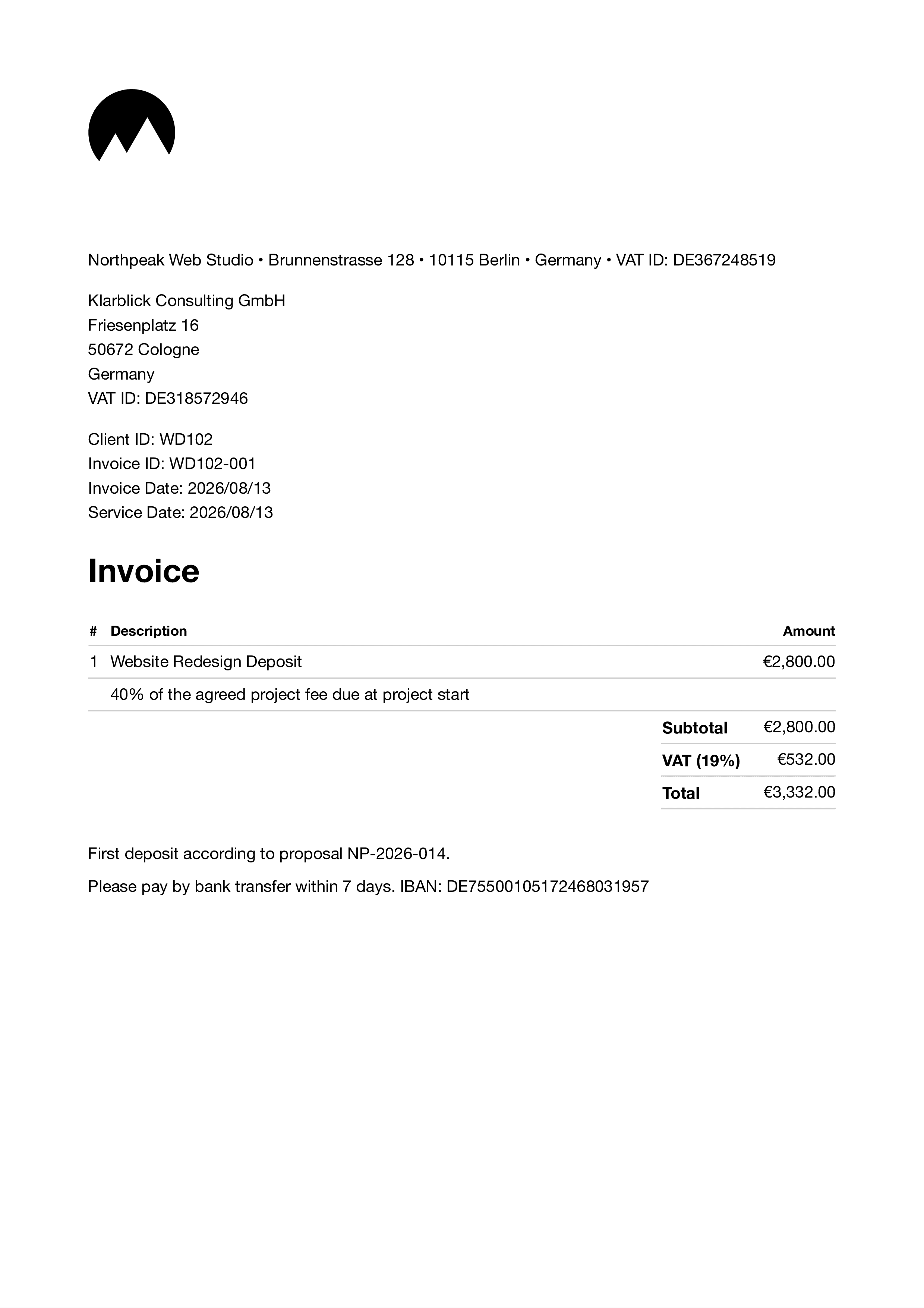 Website redesign deposit