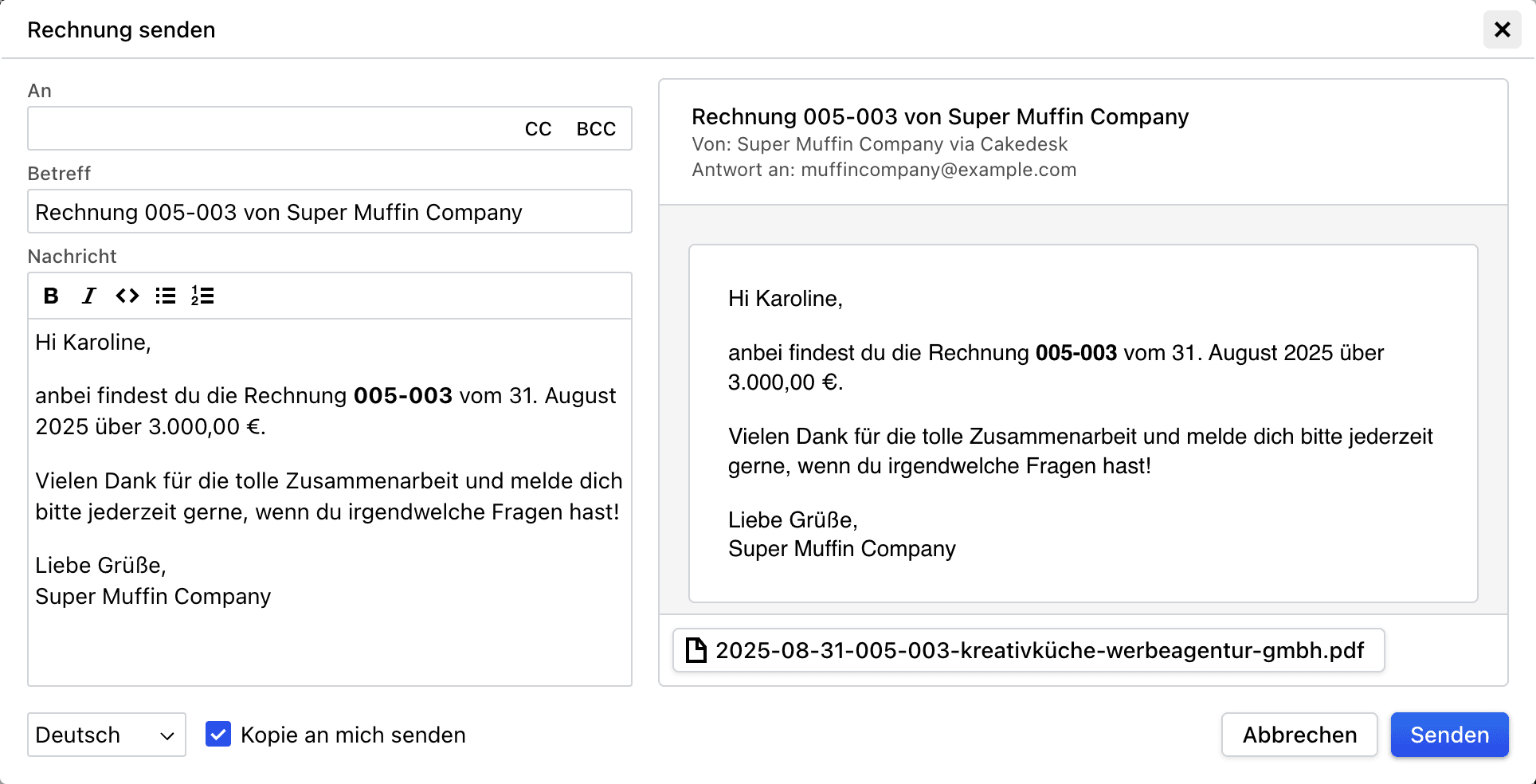 Screenshot der Email-Versand Funktion in Cakedesk