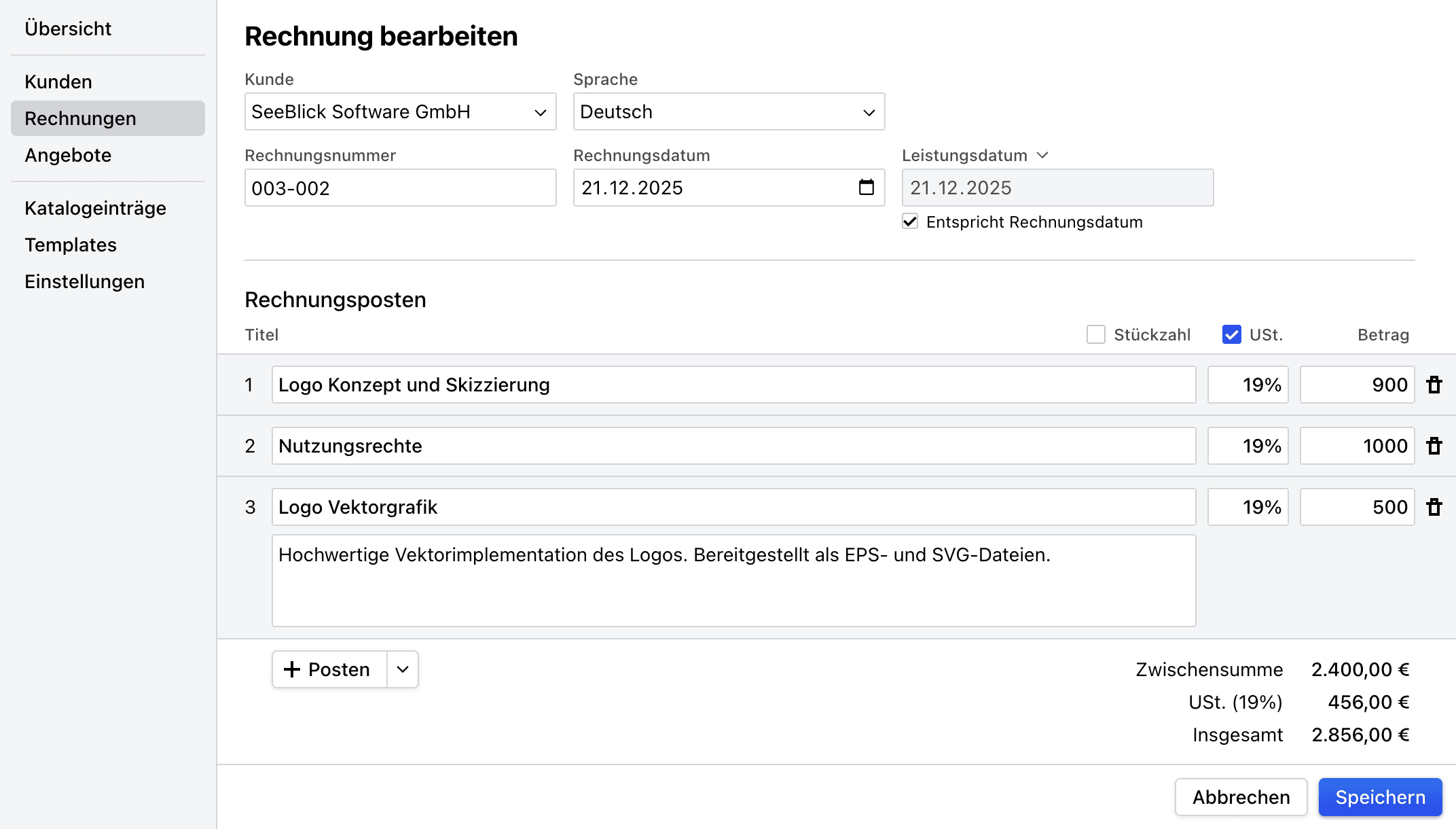 Screenshot der Rechnungserstellung in Cakedesk