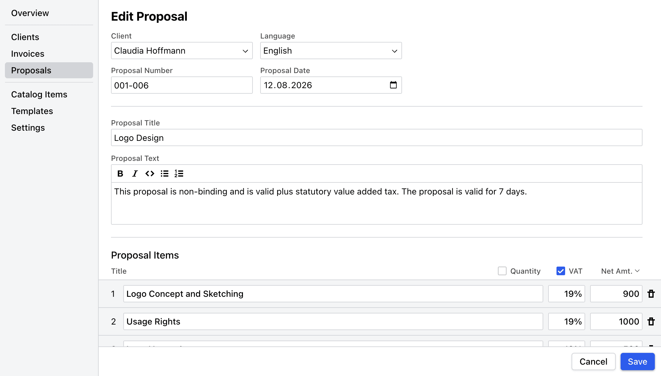 Cakedesk proposal editor with document language selector and editable proposal details.