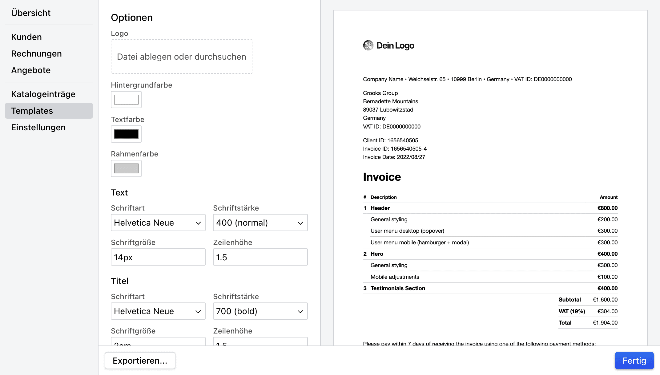 Screenshot der Anpassungsfunktionen in Cakedesk