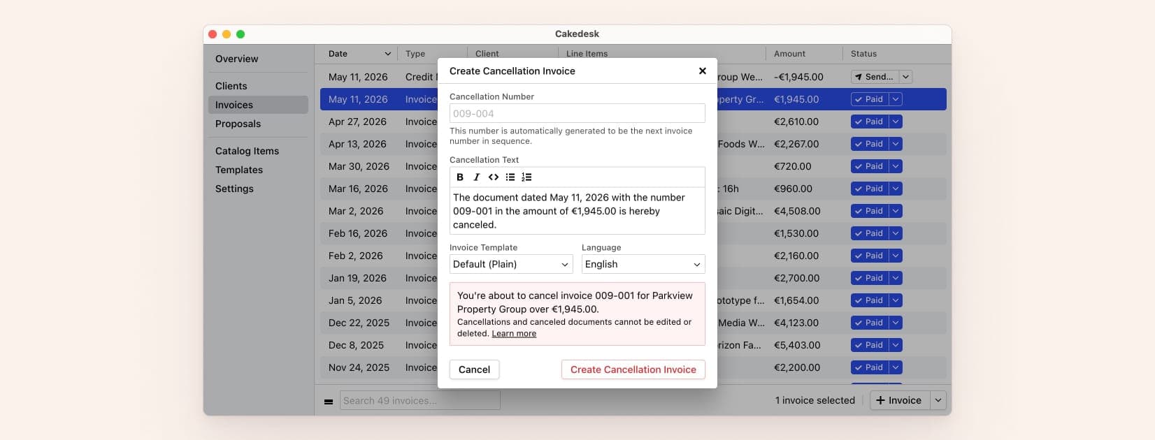 Cakedesk dialog for creating a cancellation invoice with fields for cancellation number, text, invoice template, and language