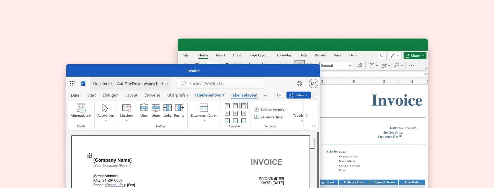 Screenshot von Word und Excel mit geöffneter Rechnungsvorlage