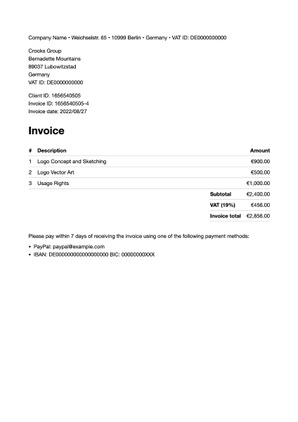 An invoice created by Cakedesk