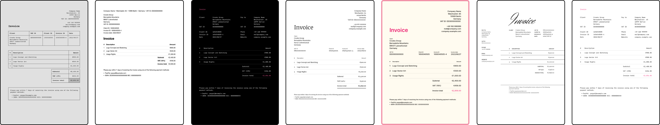 Showcase of different invoice templates available in Cakedesk