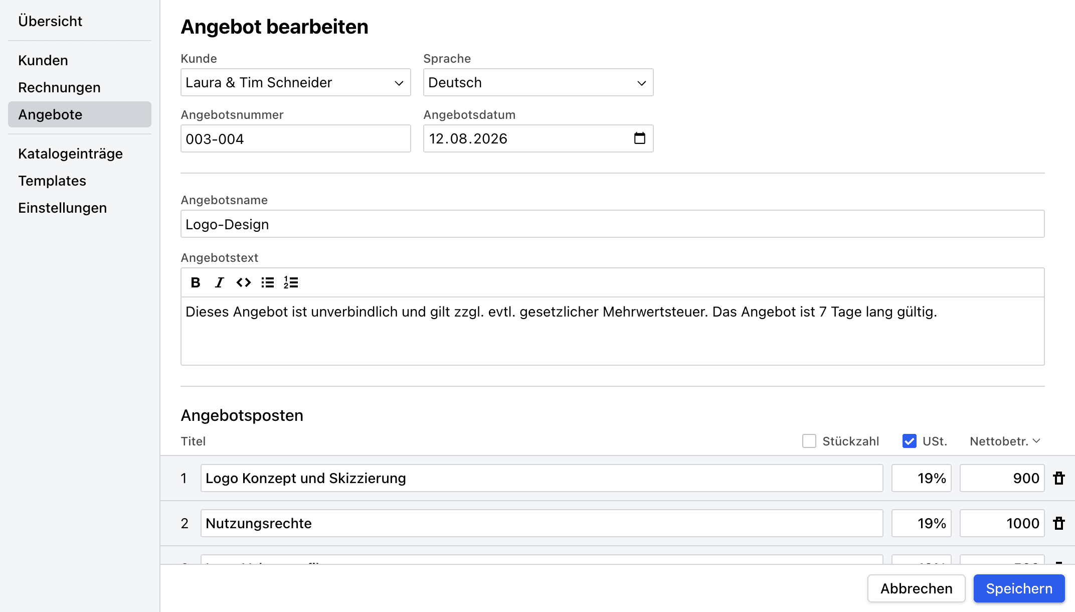 Cakedesk-Angebotseditor mit Sprachauswahl und bearbeitbaren Angebotsdaten.