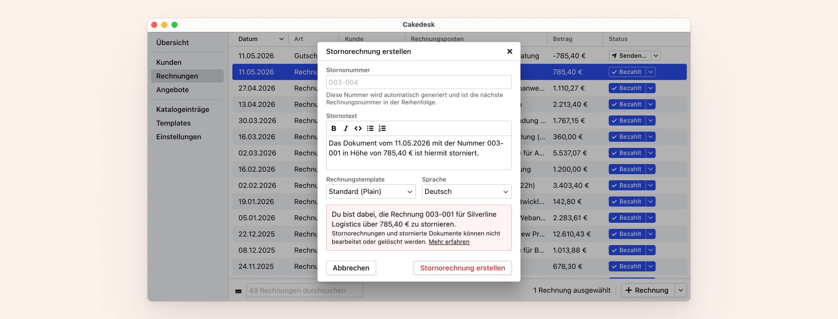 Cakedesk-Dialog zum Erstellen einer Stornorechnung mit Feldern für Stornonummer, Stornotext, Rechnungsvorlage und Sprache