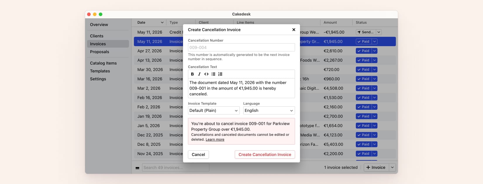 Cakedesk dialog for creating a cancellation invoice with fields for cancellation number, text, invoice template, and language