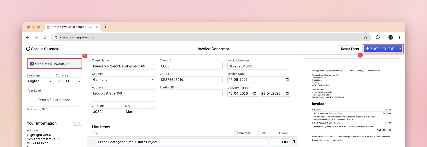 Online invoice generator with e-invoices enabled and a ZUGFeRD PDF download option.