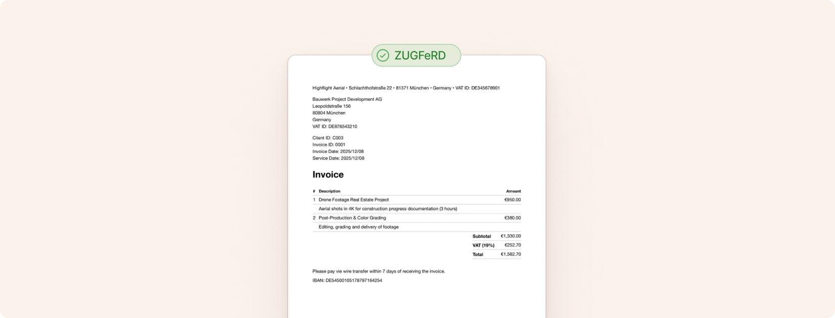 Create ZUGFeRD invoices for free with Cakedesk.