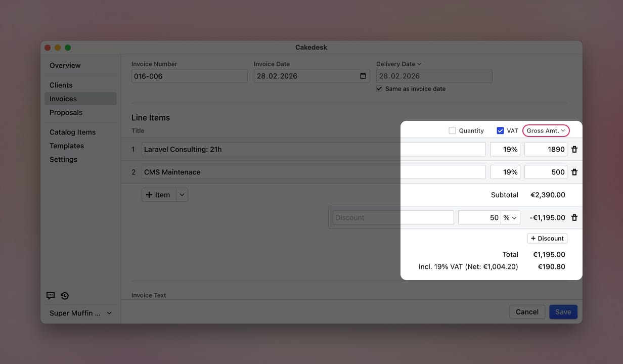 Cakedesk invoice form with gross pricing enabled, showing the Gross Amt. dropdown, subtotal, discount, total, and included VAT breakdown