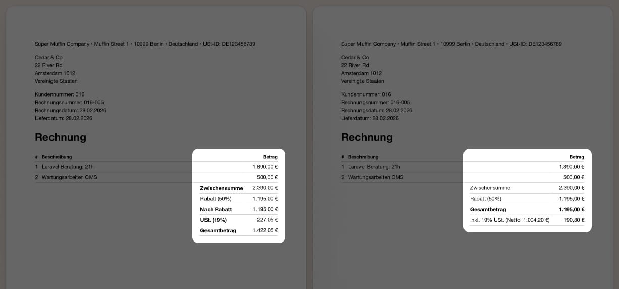 Vergleich einer Netto-Rechnung und einer Brutto-Rechnung mit unterschiedlicher Reihenfolge der Summenzeilen