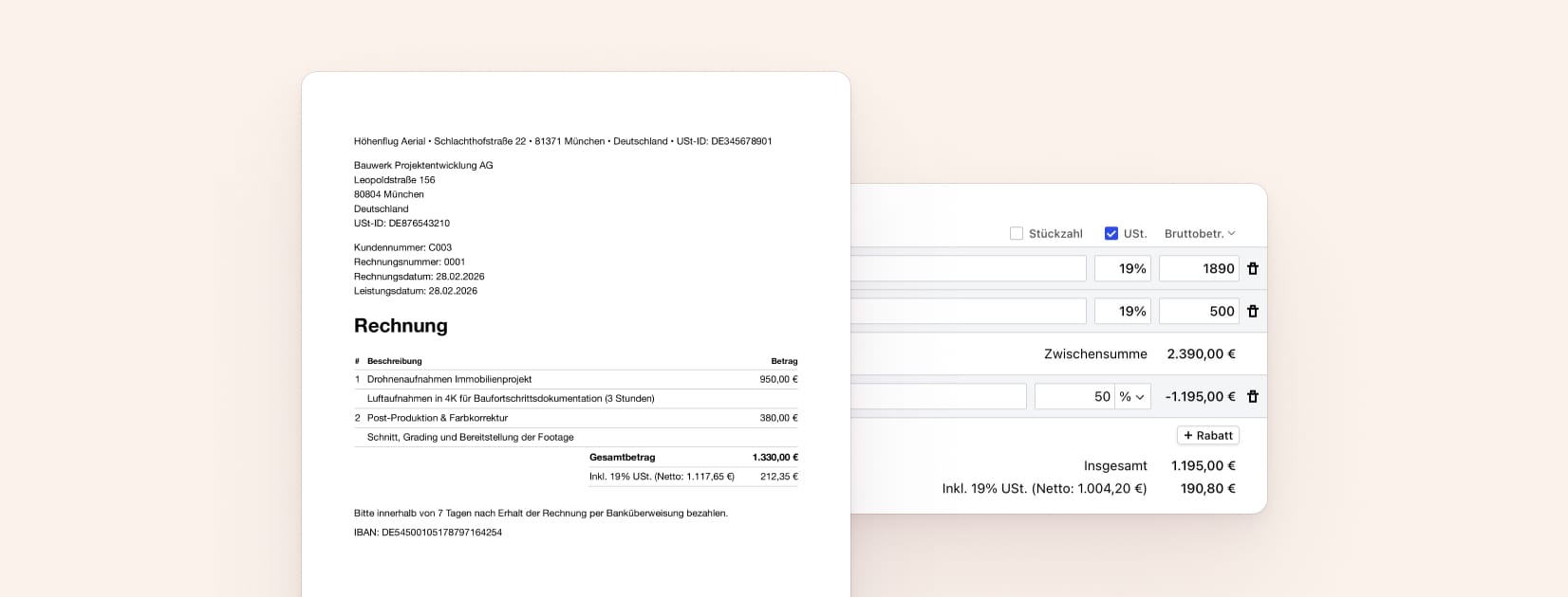 Eine Brutto-Rechnung in Cakedesk mit Gesamtbetrag und enthaltener Steueraufschlüsselung