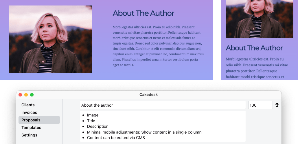 Screenshot of website landing page author section and a proposal in Cakedesk