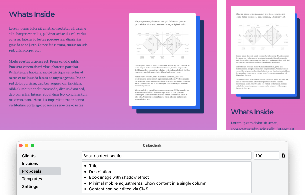 Screenshot of website landing page book section and a proposal in Cakedesk
