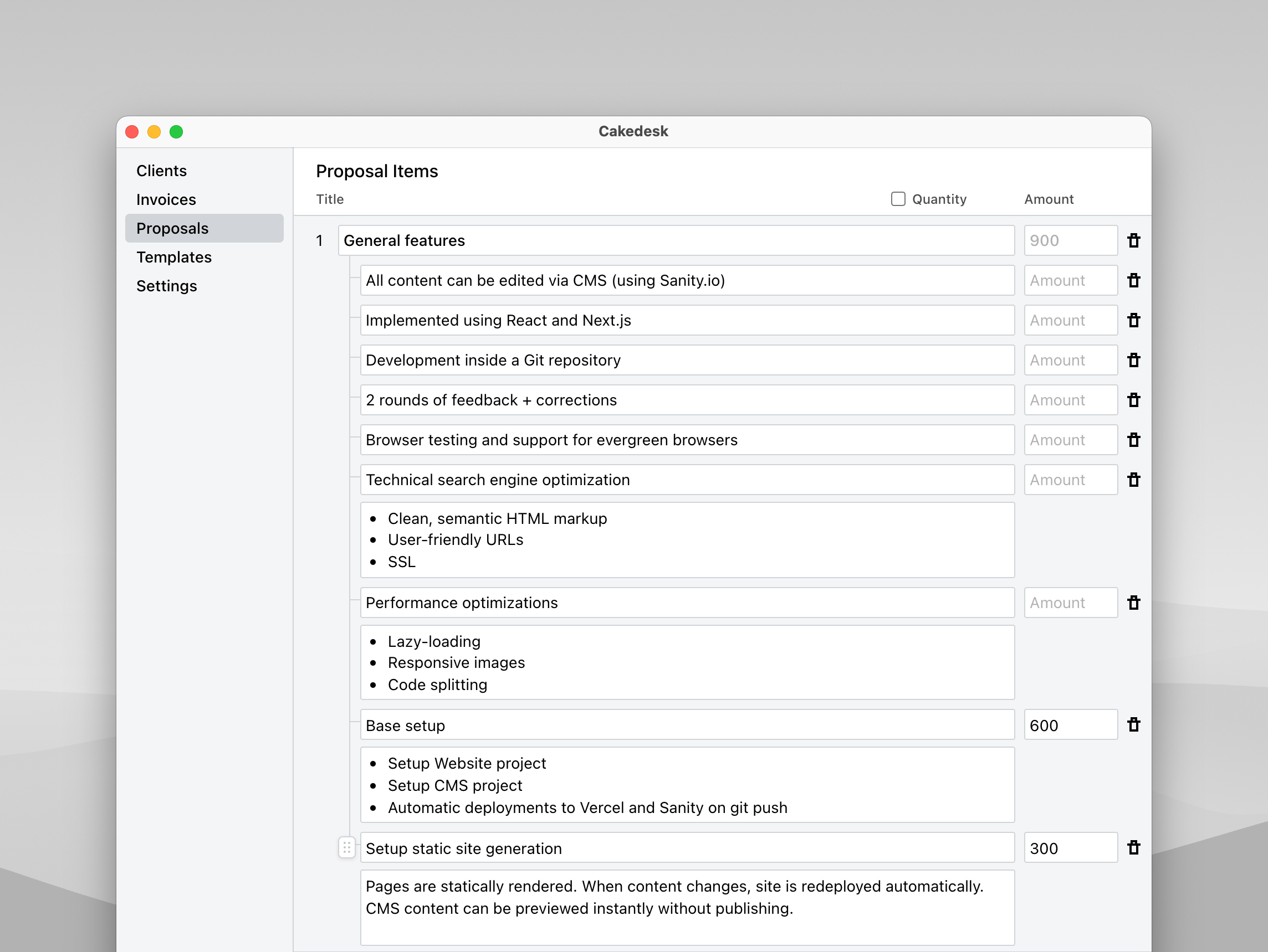 Screenshot of Cakedesk showing a proposal outline for general features of a website development project.