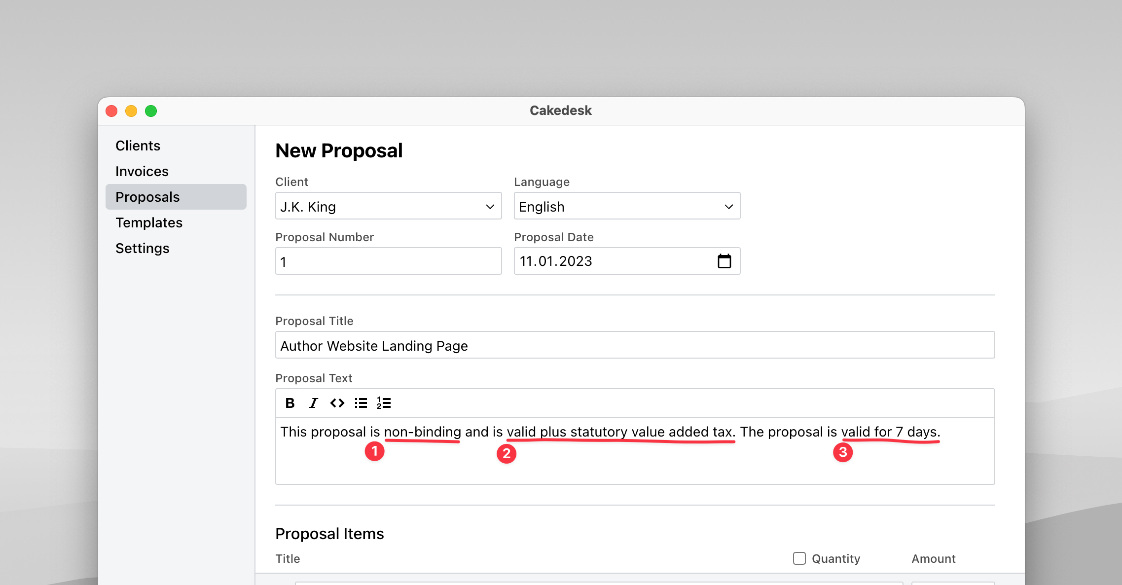 Giving a proposal a title and text using Cakedesk
