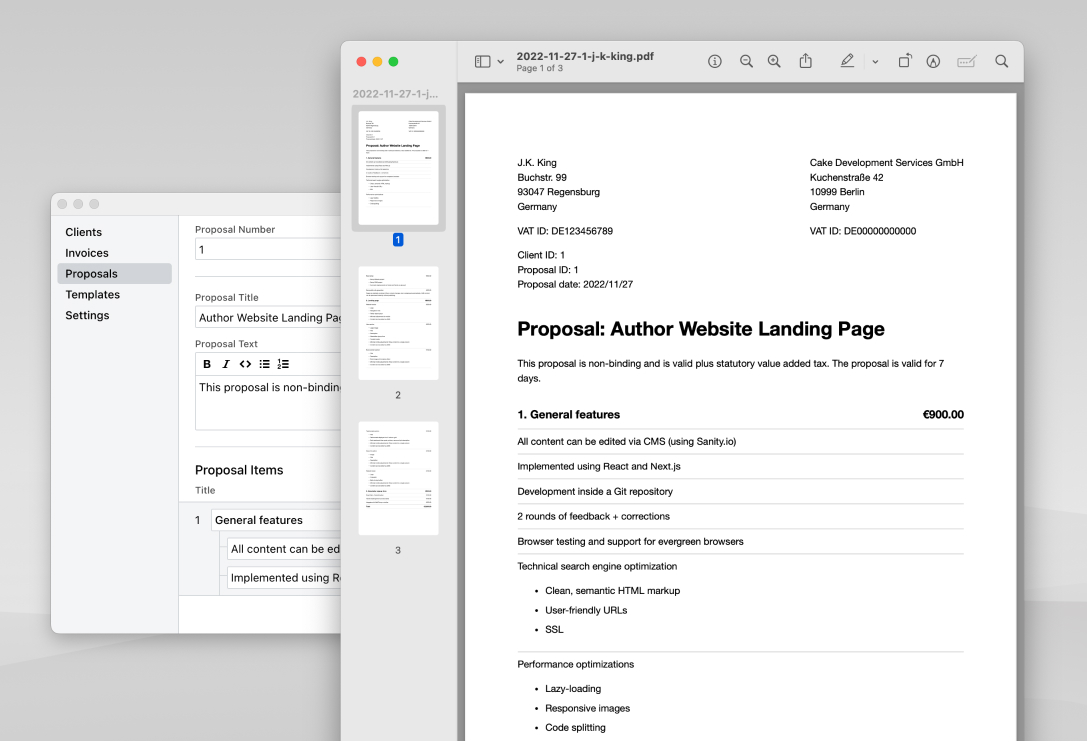 A website development proposal as a PDF file