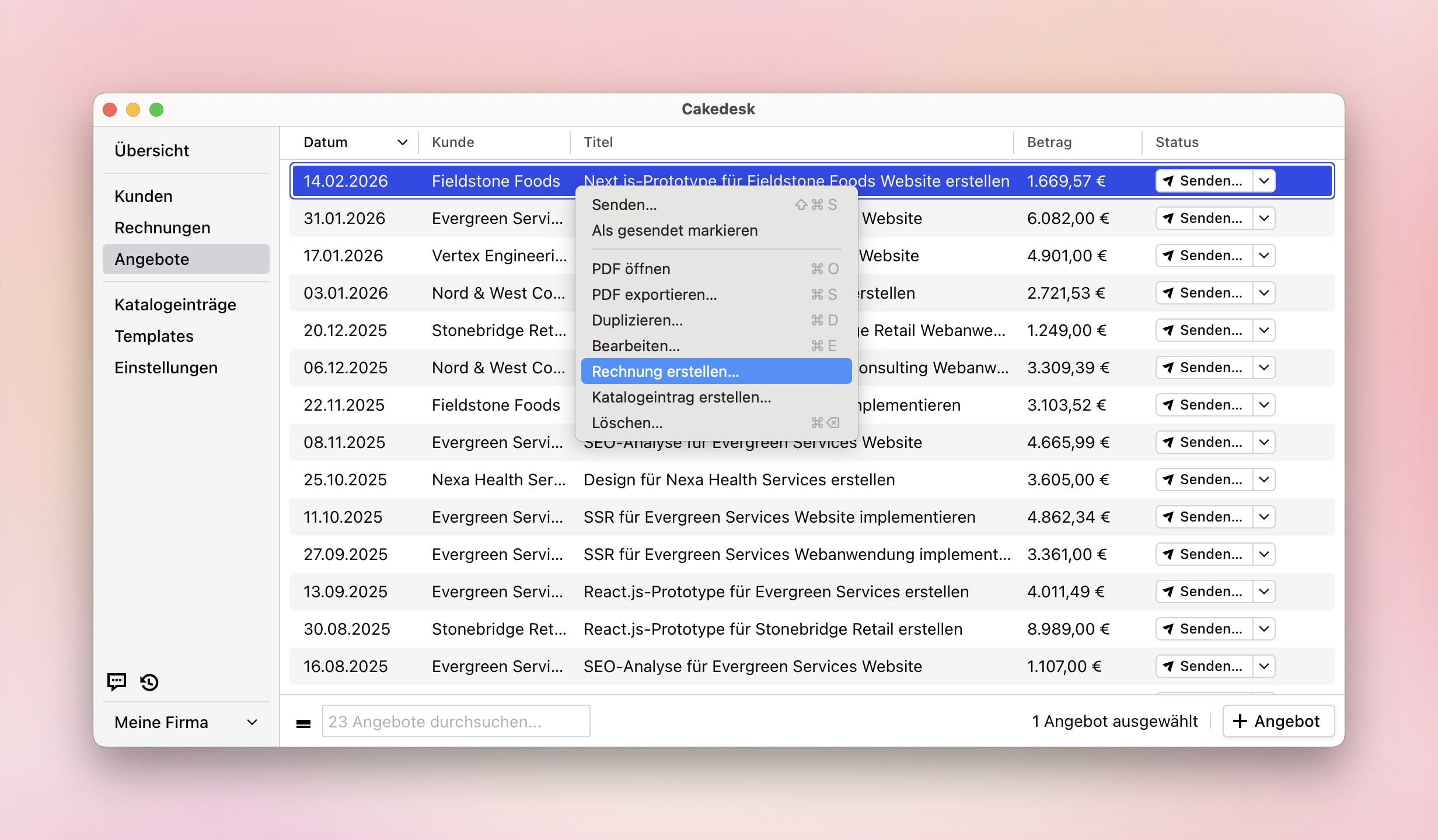 Ein Angebot in Cakedesk mit der Option, es mit einem Klick in eine Rechnung umzuwandeln