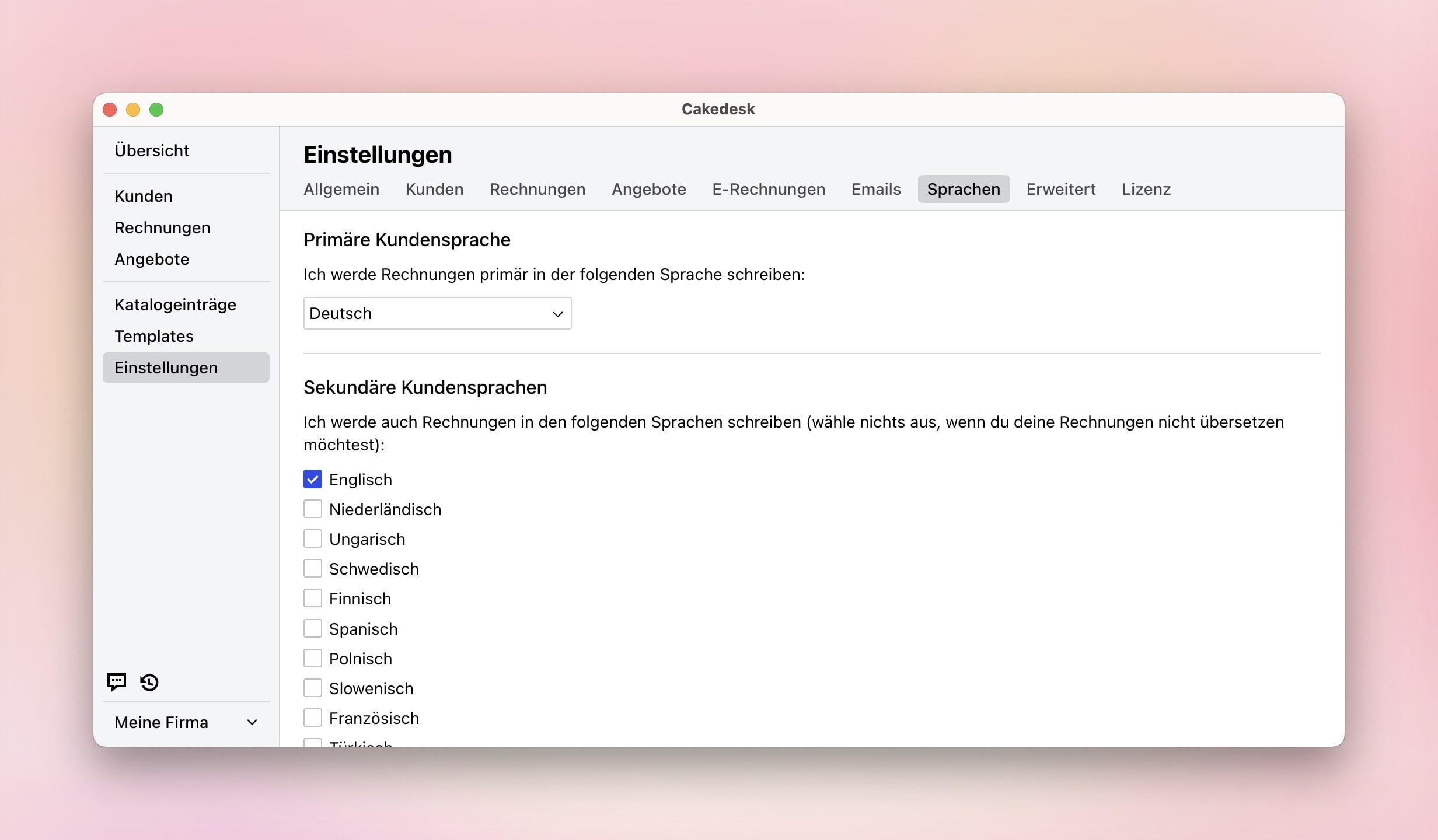 Rechnungen in Cakedesk können in vielen Sprachen erstellt werden