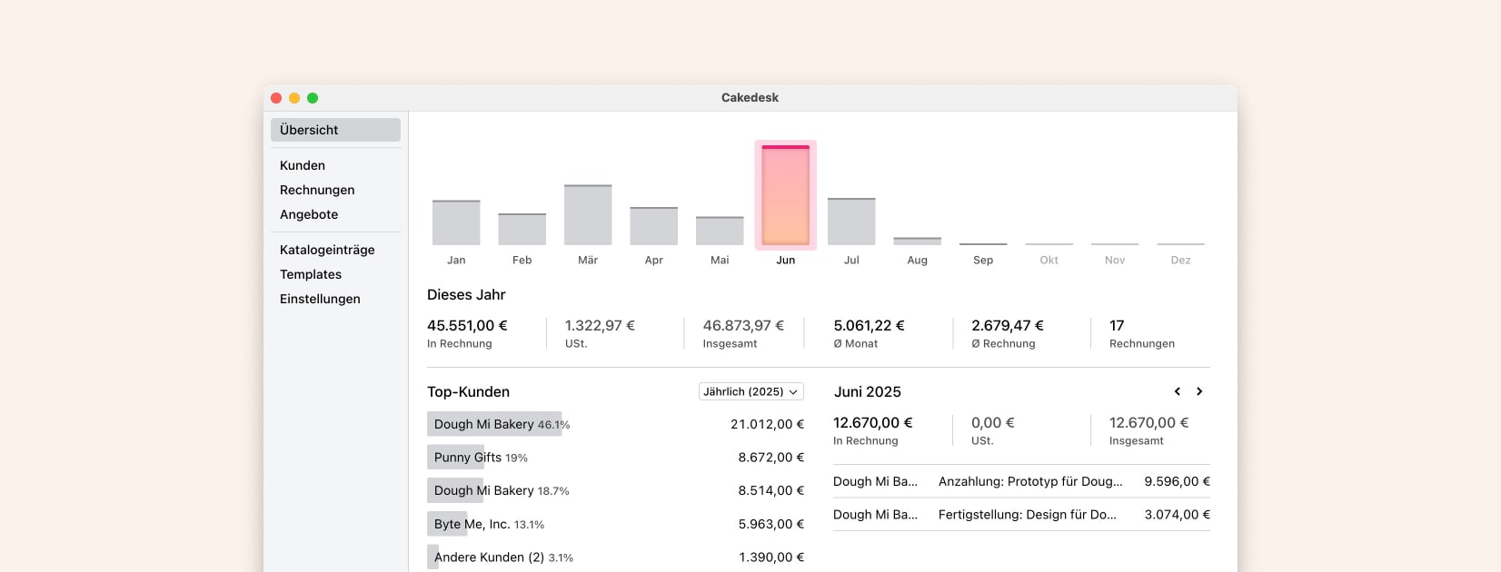 Screenshot von Cakedesk, einem Rechnungsprogramm für Dienstleister