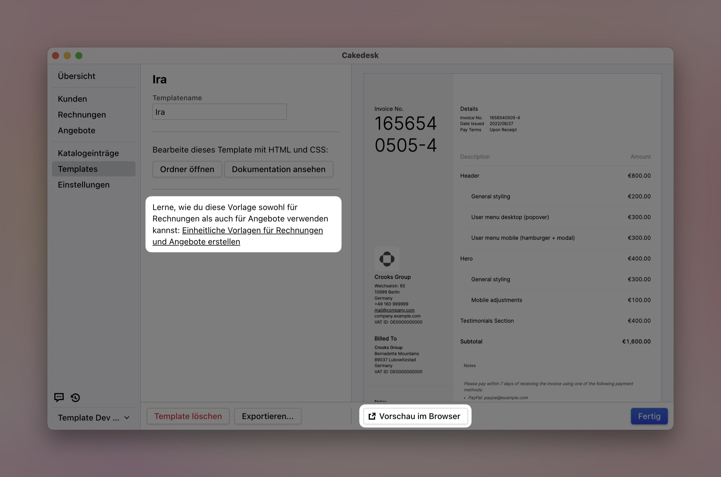 Hinweis zur Aktualisierung eines Templates in Cakedesk