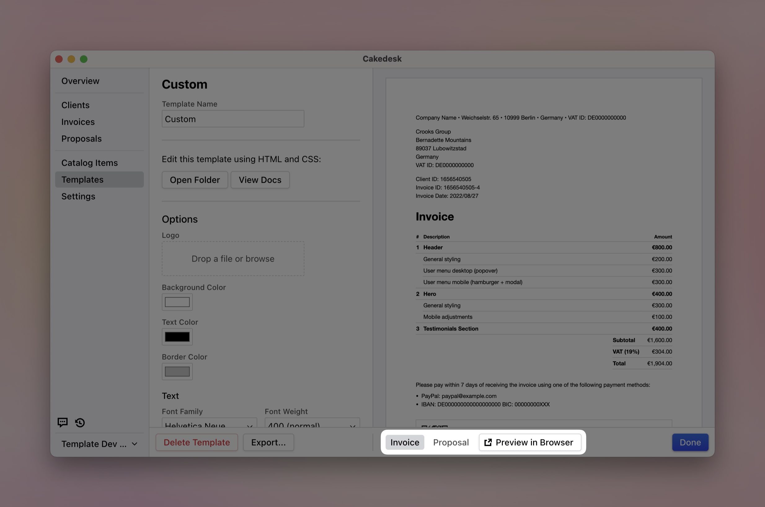 Unified template preview with invoice and proposal toggle