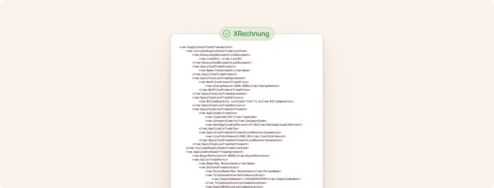XML code example for an XRechnung invoice.