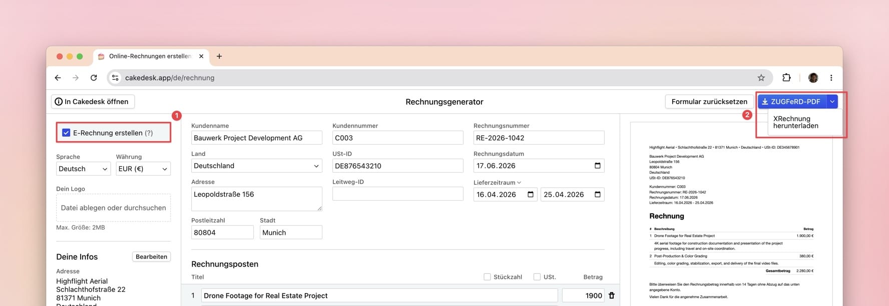 Online invoice generator with e-invoices enabled and an XRechnung download option.