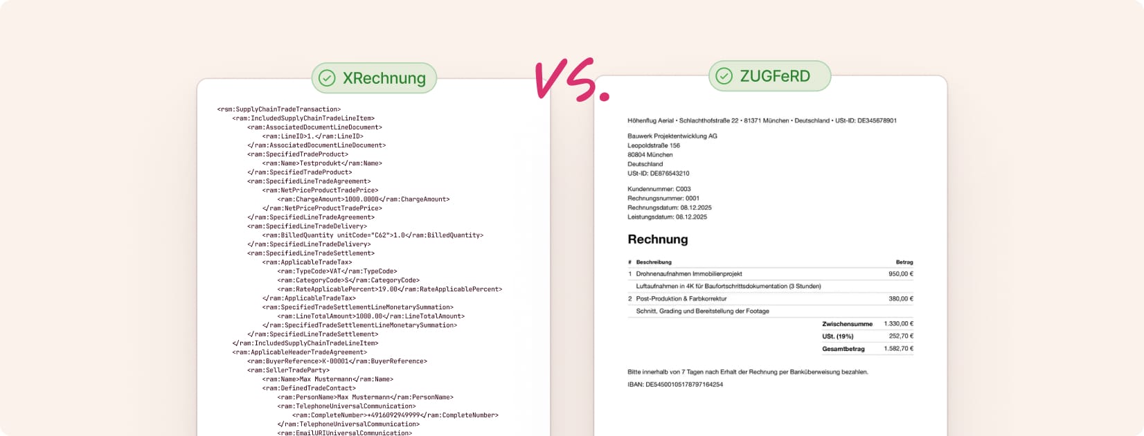 Vergleich zwischen XRechnung als XML-Code und ZUGFeRD als formatierte Rechnung.
