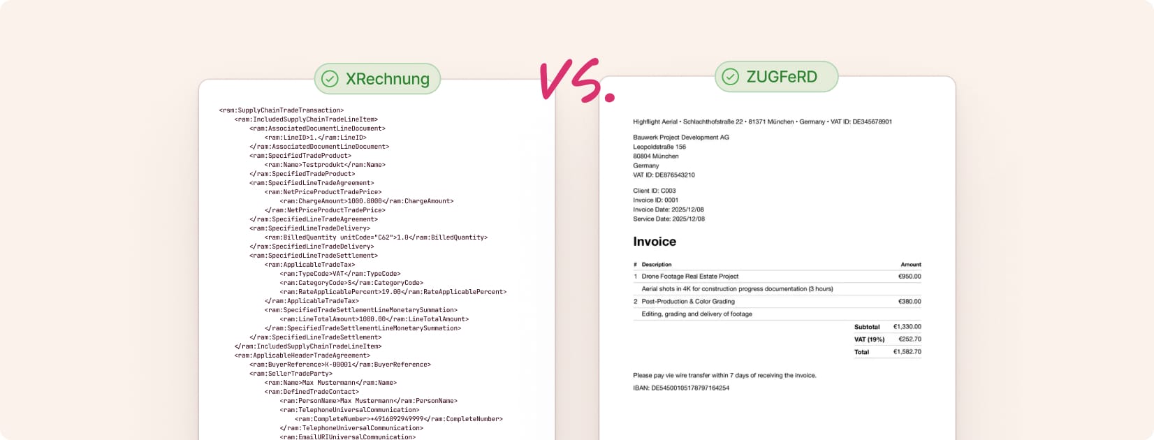 Comparison between XRechnung as XML code and ZUGFeRD as a formatted invoice.